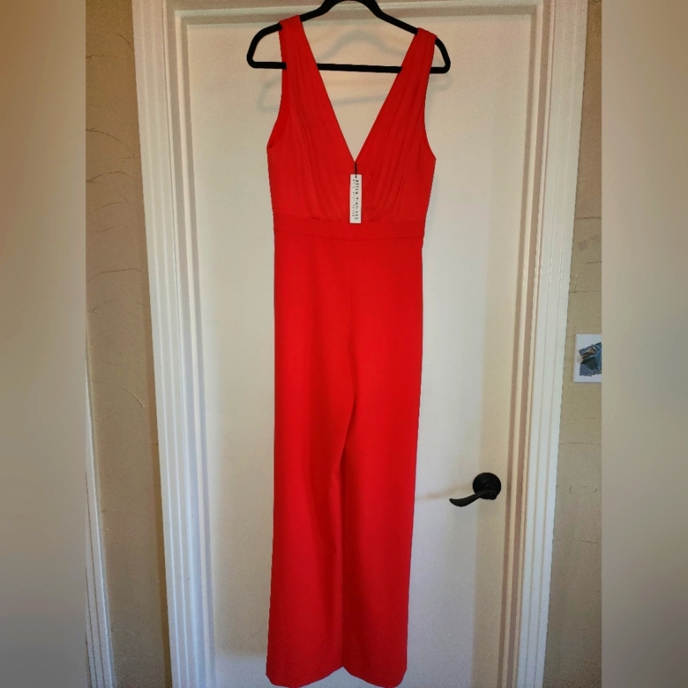 Alice + Olivia Gale Deep V-Neck Wide Leg Jumpsuit in Red Sz 6 NWT